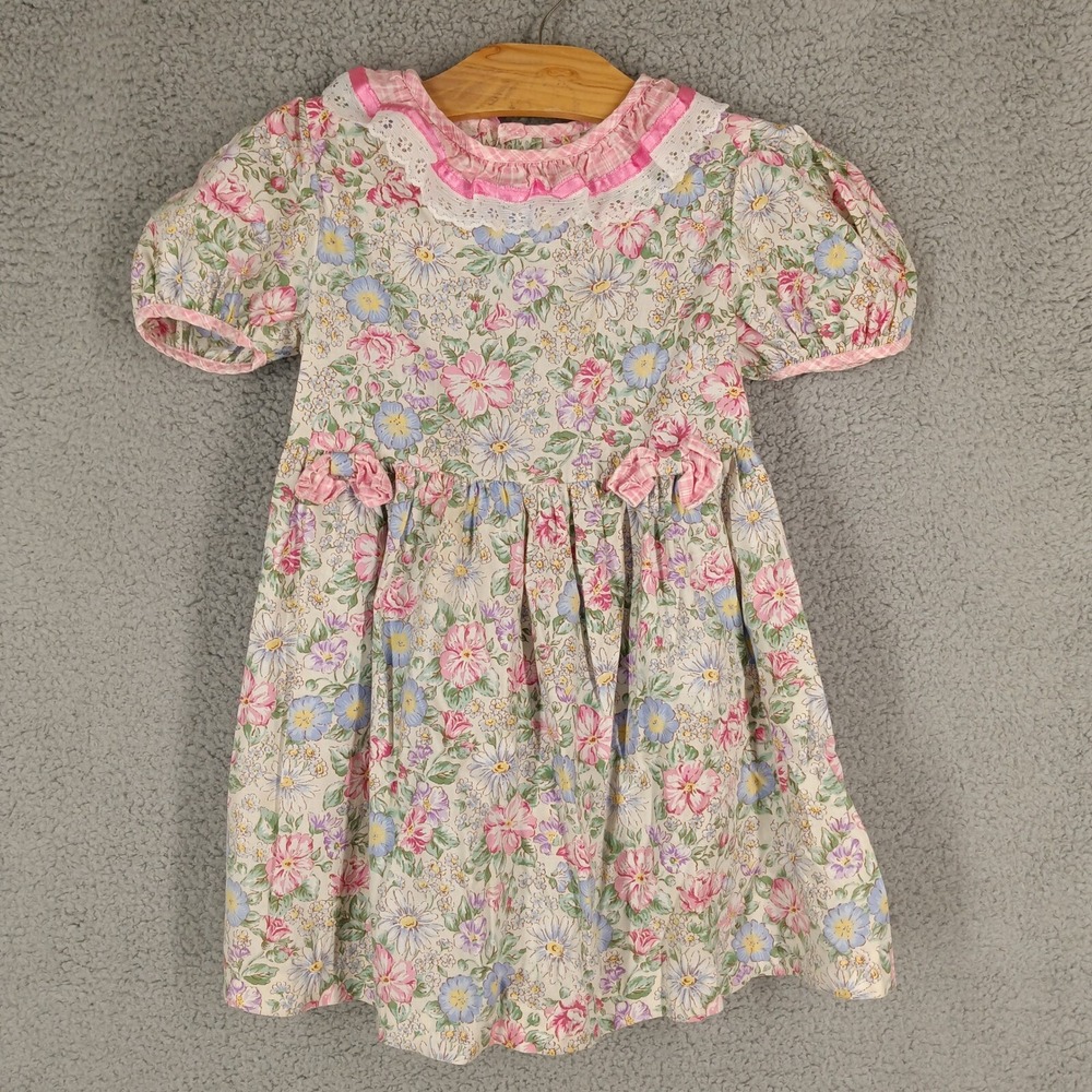 Vintage Roanna Size 6 Floral Dress Girls Pink Blue‎ Puff Sleeve Party Cute